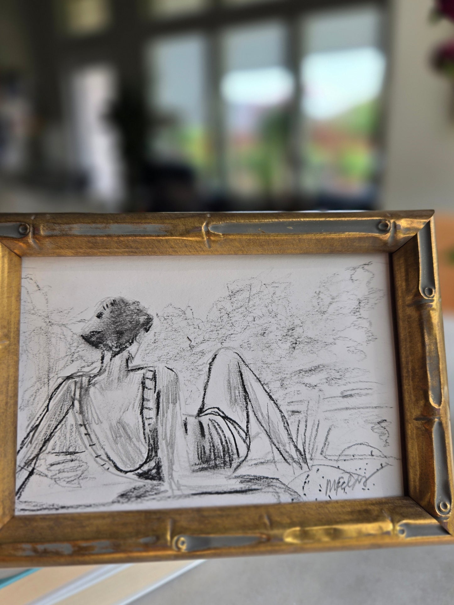 "Girl by the Lake" 4x6 in Charcoal Drawing of Young Woman lounging by the lake on 96lb paper