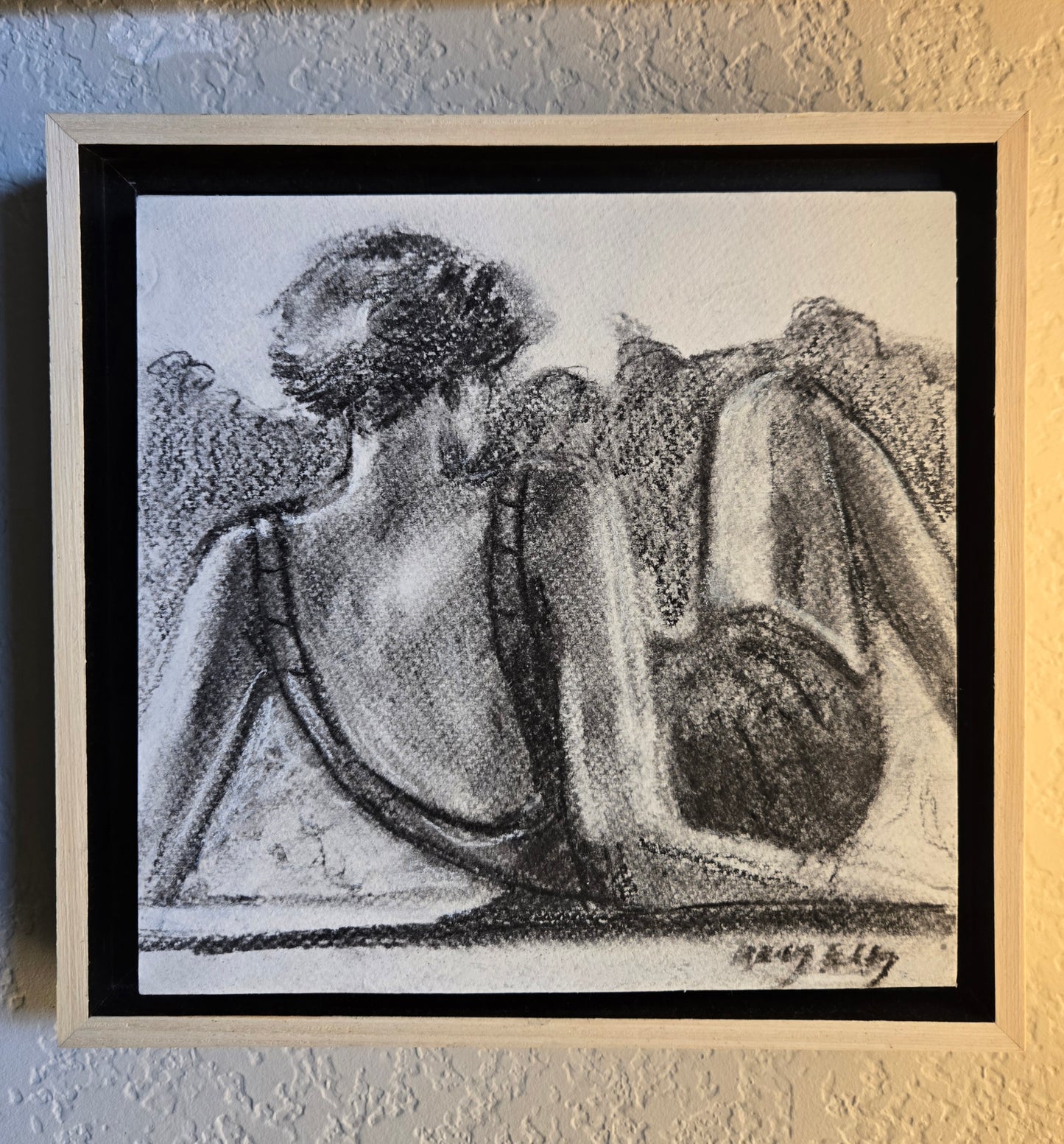 "Summer" Girl by the Lake - Charcoal on 8x8 in Watercolor Paper Mounted on Wood Panel and Framed