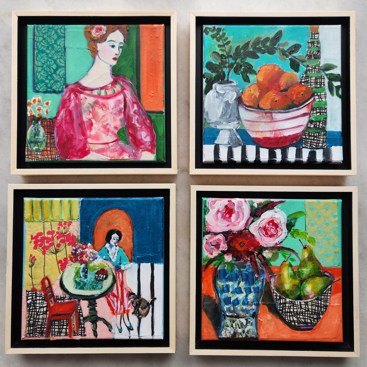 Sweet Sanctuary Collection Print Set - Includes 4 (8x8 in) Color Prints, Fruit Art, Tablescape Art, and Figurative Art Prints