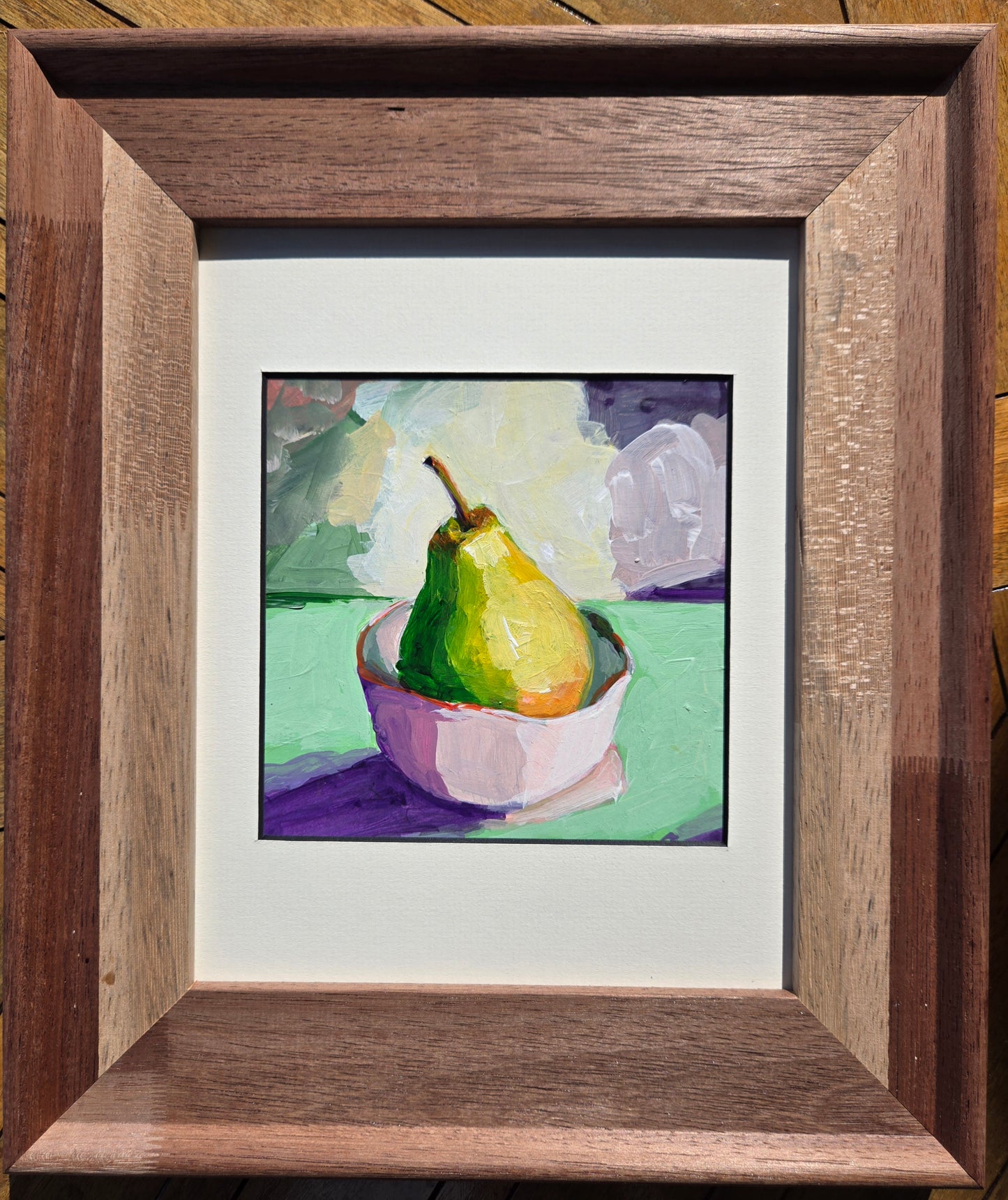 Pear Original Painting, Pear in A Bowl, Colorful Pear in Pink Bowl, titled: "Poire en Rose" Acrylic on 6x6 in Paper in 13x14 in Natural Frame