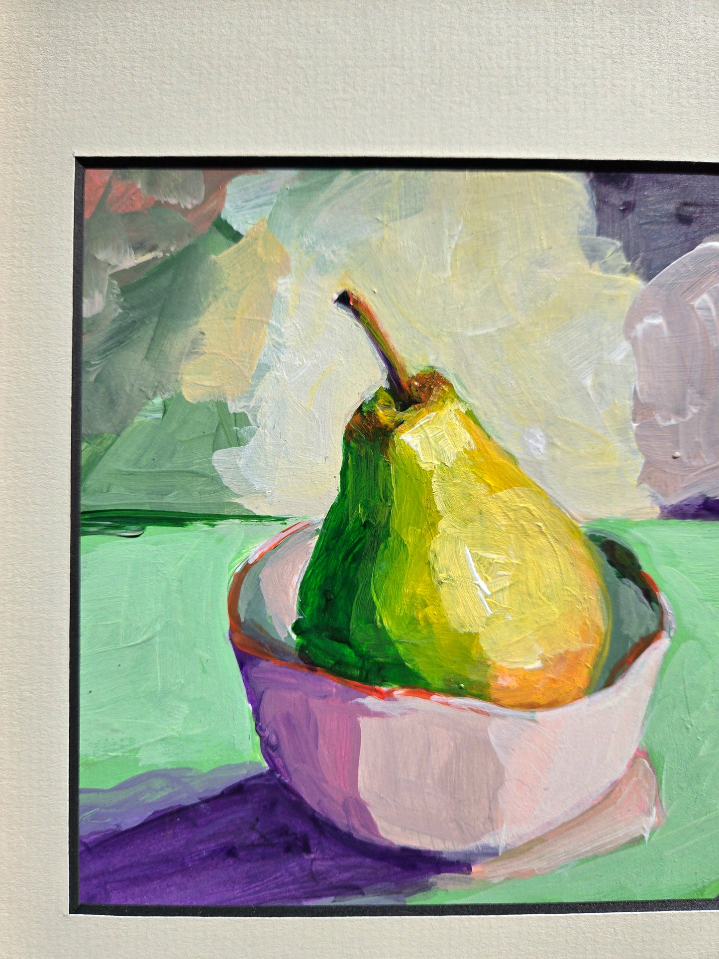 Pear Original Painting, Pear in A Bowl, Colorful Pear in Pink Bowl, titled: "Poire en Rose" Acrylic on 6x6 in Paper in 13x14 in Natural Frame