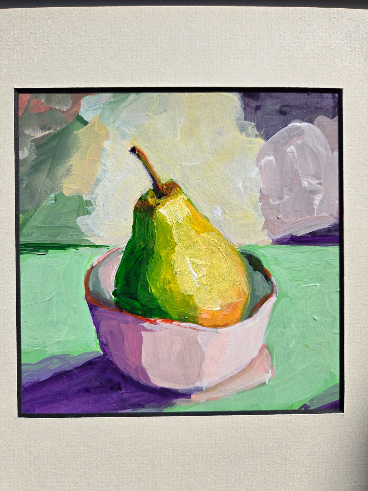 Pear Original Painting, Pear in A Bowl, Colorful Pear in Pink Bowl, titled: "Poire en Rose" Acrylic on 6x6 in Paper in 13x14 in Natural Frame