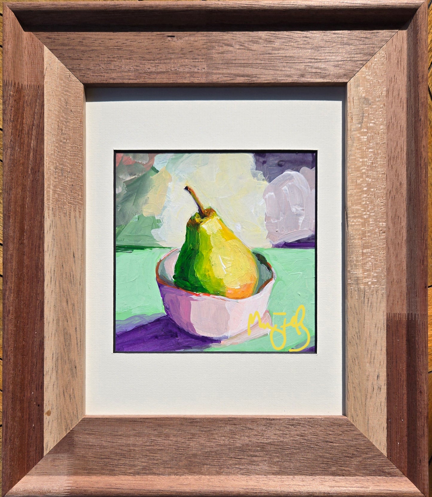 Pear Original Painting, Pear in A Bowl, Colorful Pear in Pink Bowl, titled: "Poire en Rose" Acrylic on 6x6 in Paper in 13x14 in Natural Frame