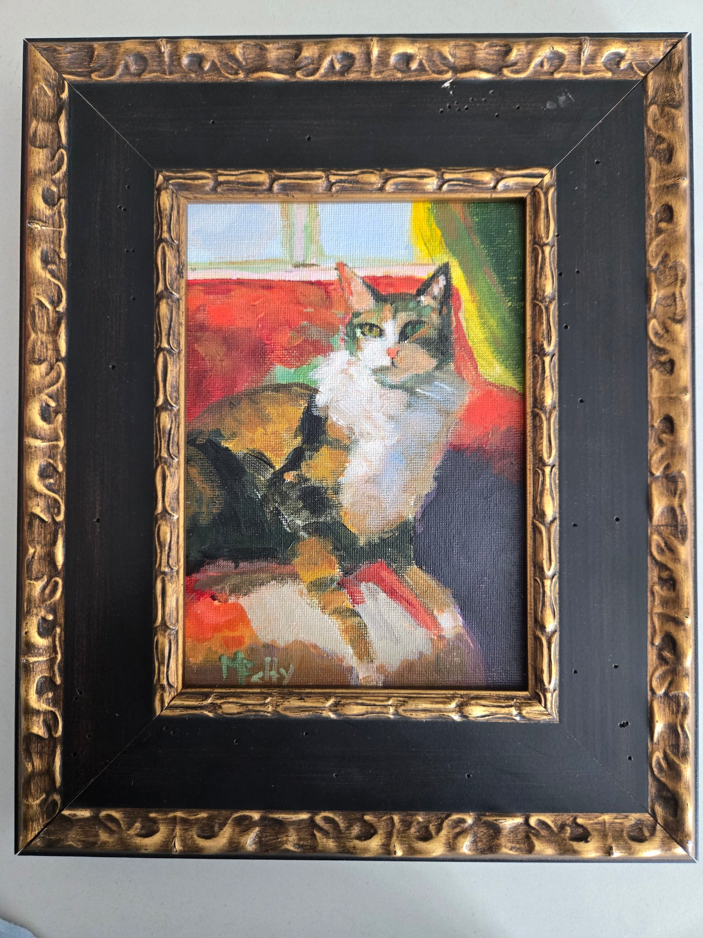 Cat on Sofa, Cozy Cat, Original Cat Painting, Calico Cat, Taby Cat, Bengal Cat, Cat Lounging, Original Cat Painting 5x7 in Acrylic on Panel in 9x11 in Wood Frame