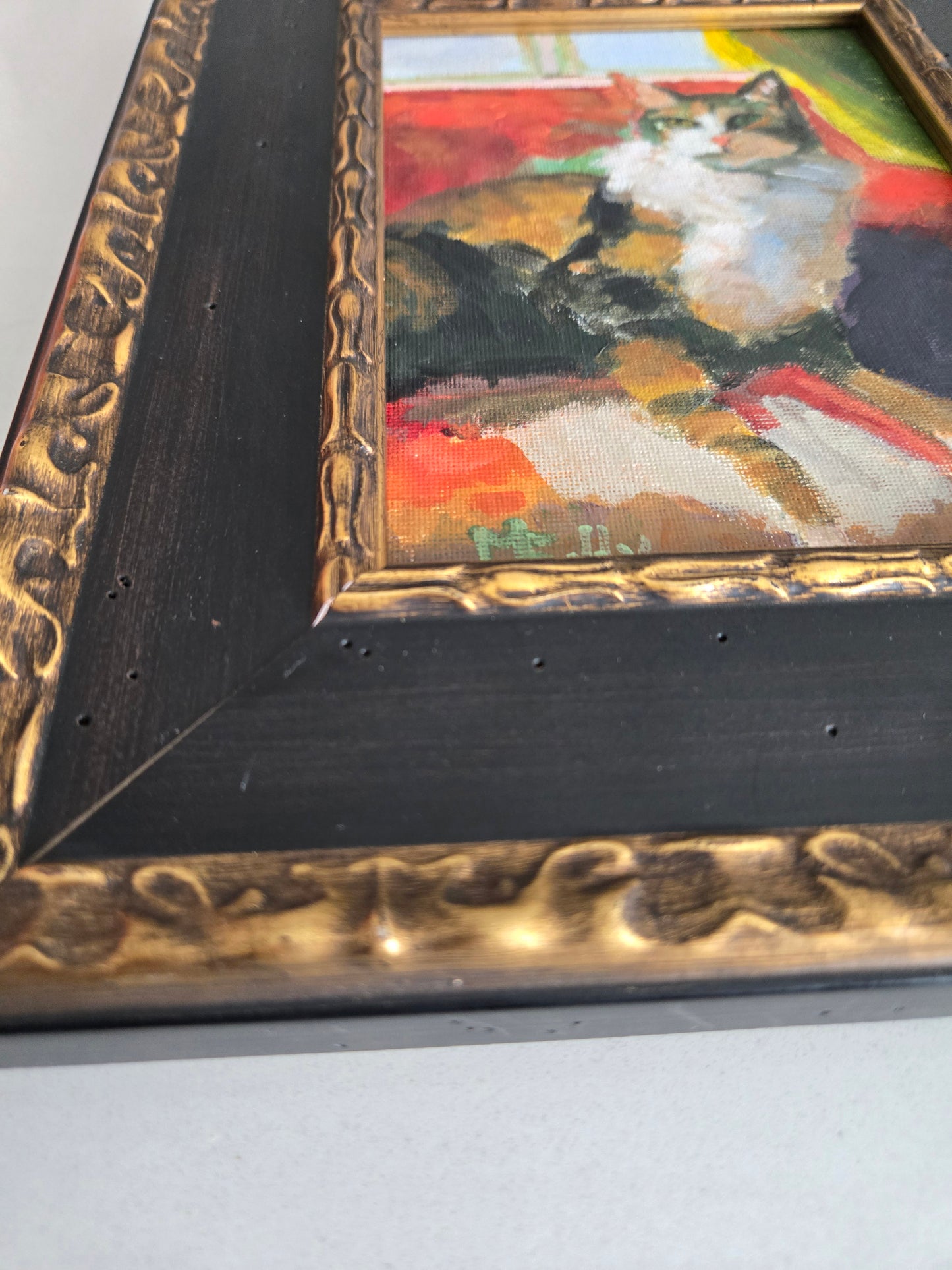 Cat on Sofa, Cozy Cat, Original Cat Painting, Calico Cat, Taby Cat, Bengal Cat, Cat Lounging, Original Cat Painting 5x7 in Acrylic on Panel in 9x11 in Wood Frame