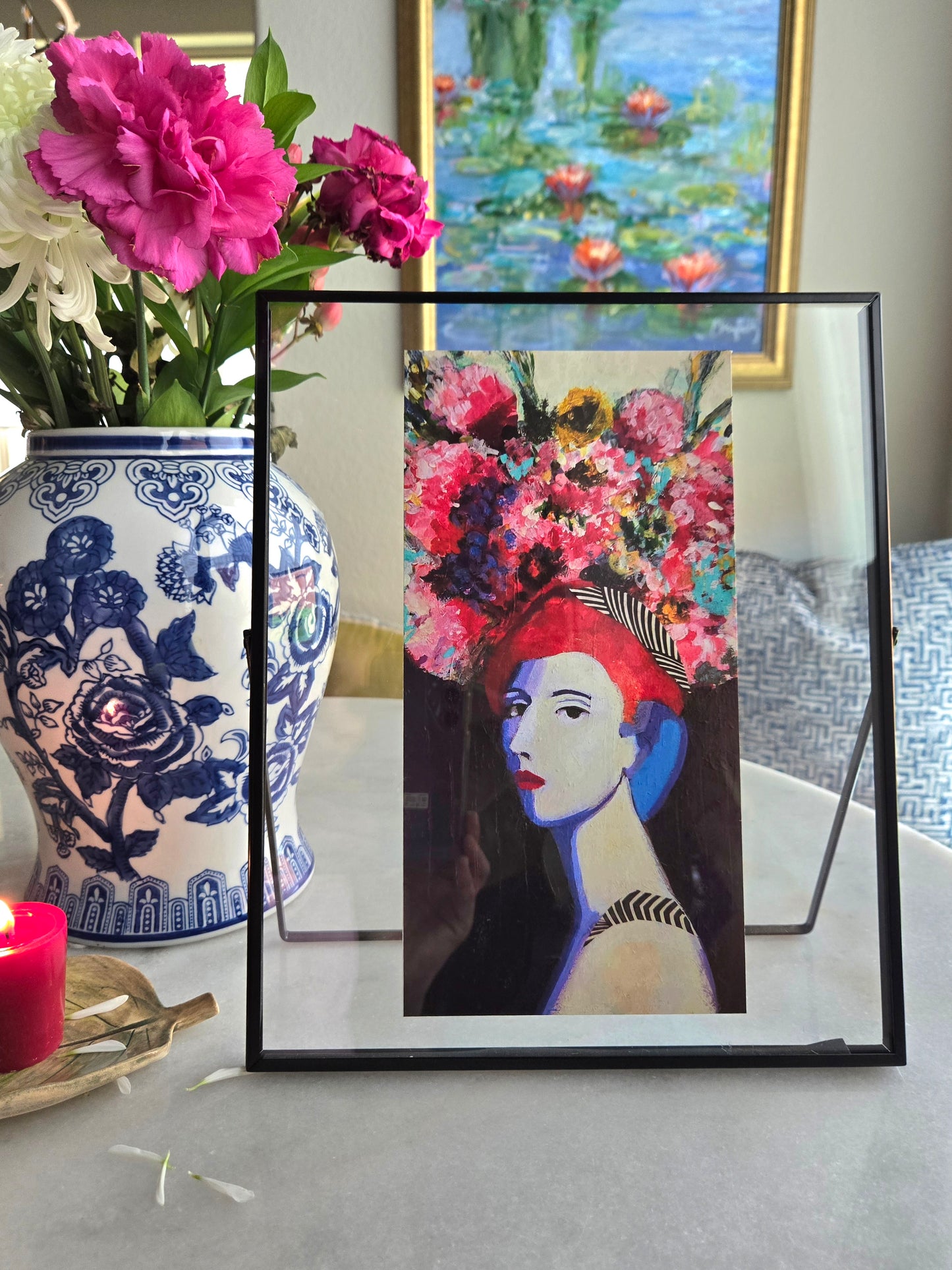 Colorful Portrait of Girl Profile with Flowers "She has a Beautiful Mind" Art Print Framed