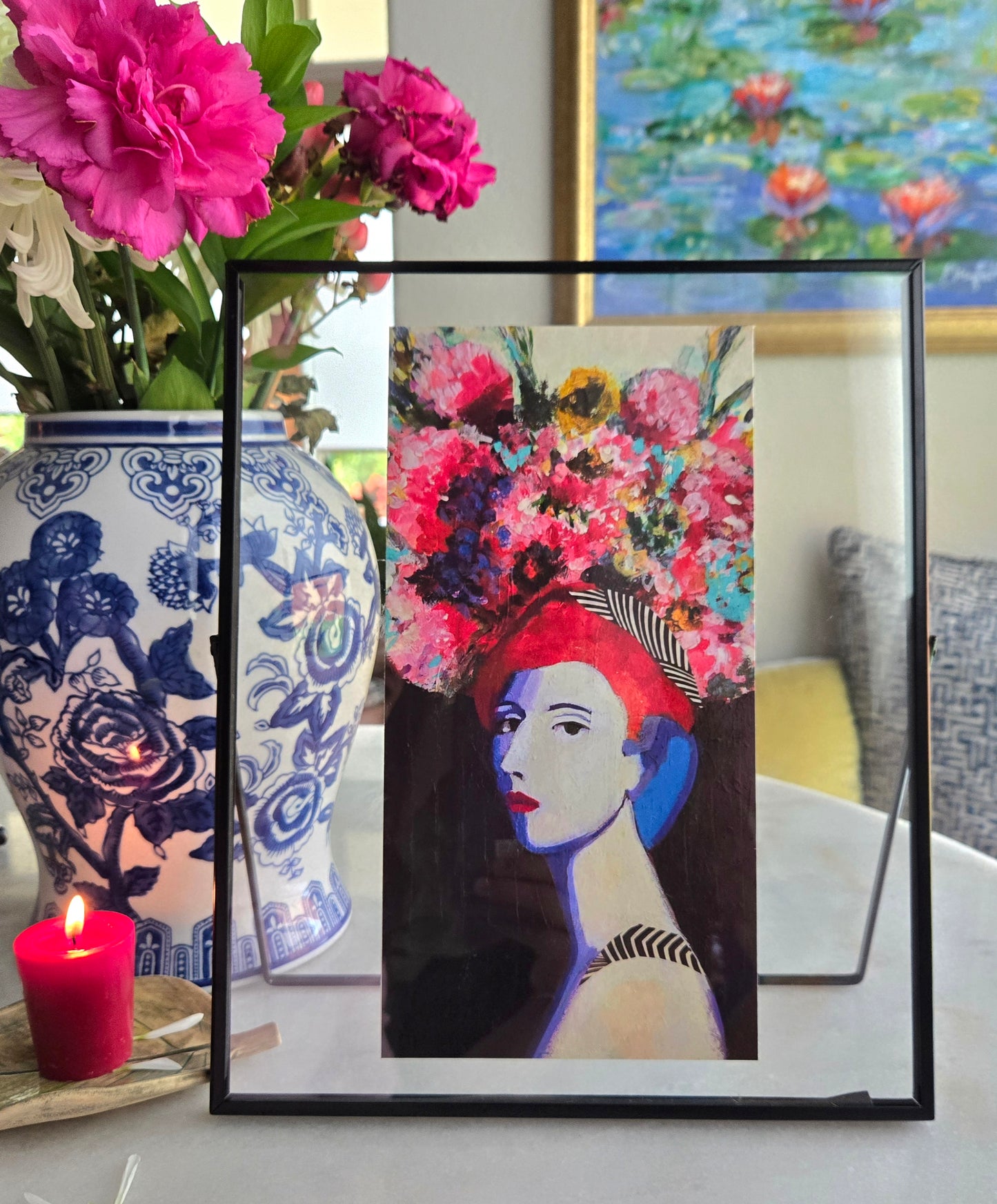 Colorful Portrait of Girl Profile with Flowers "She has a Beautiful Mind" Art Print Framed