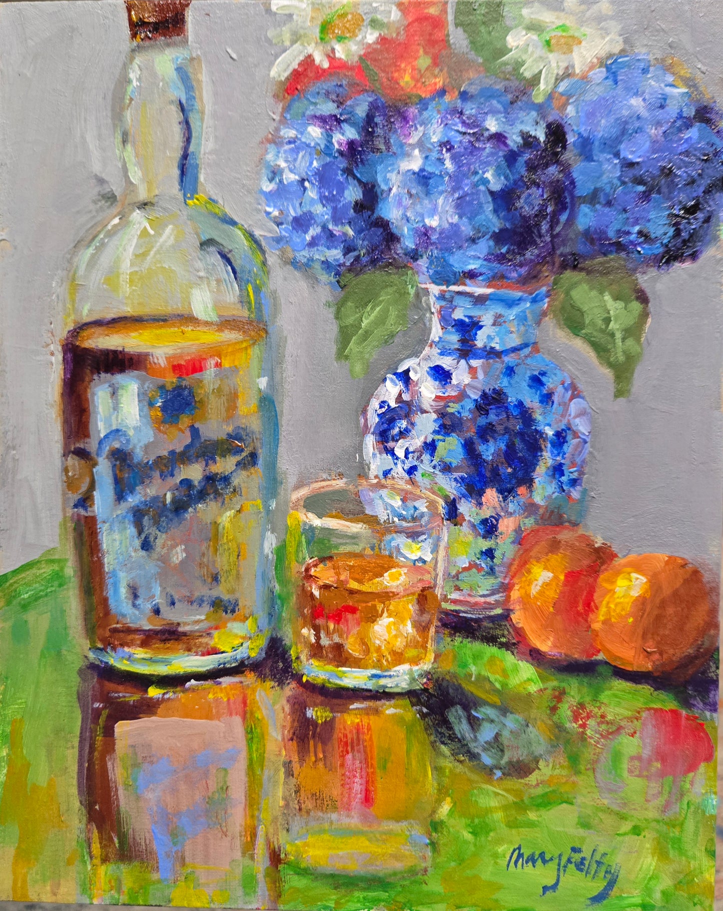 Hydrangeas and Bourban Still Life Painting of Hydrangeas in Ginger Jar Vase and Bourban Bottle