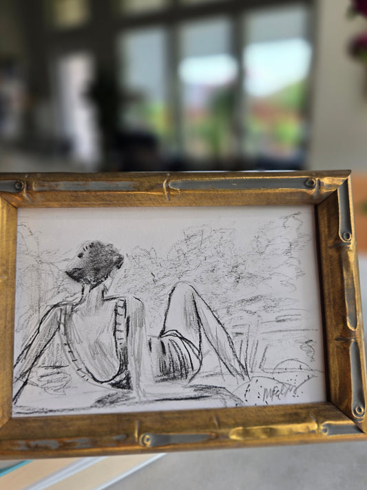 "Girl by the Lake" 4x6 in Charcoal Drawing of Young Woman lounging by the lake on 96lb paper