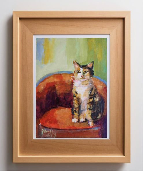 Beautiful Cat Painting of Cat Sitting on Leather Barrel Chair