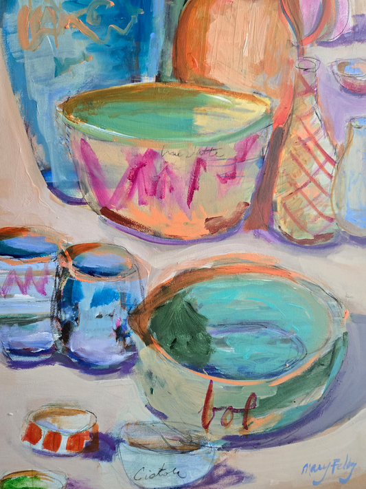 Colorful Vessels Painting 20x36 in "The Pottery Shop "
