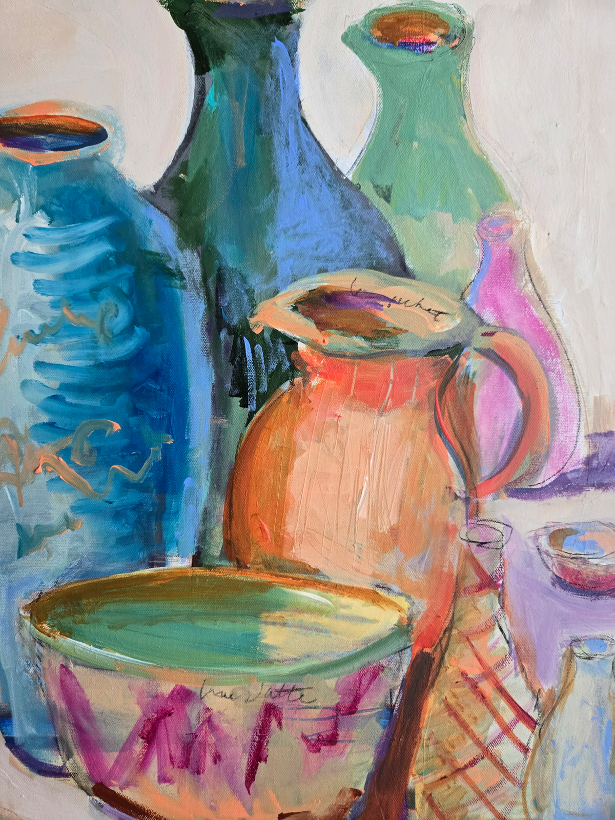 Colorful Vessels Painting 20x36 in "The Pottery Shop "