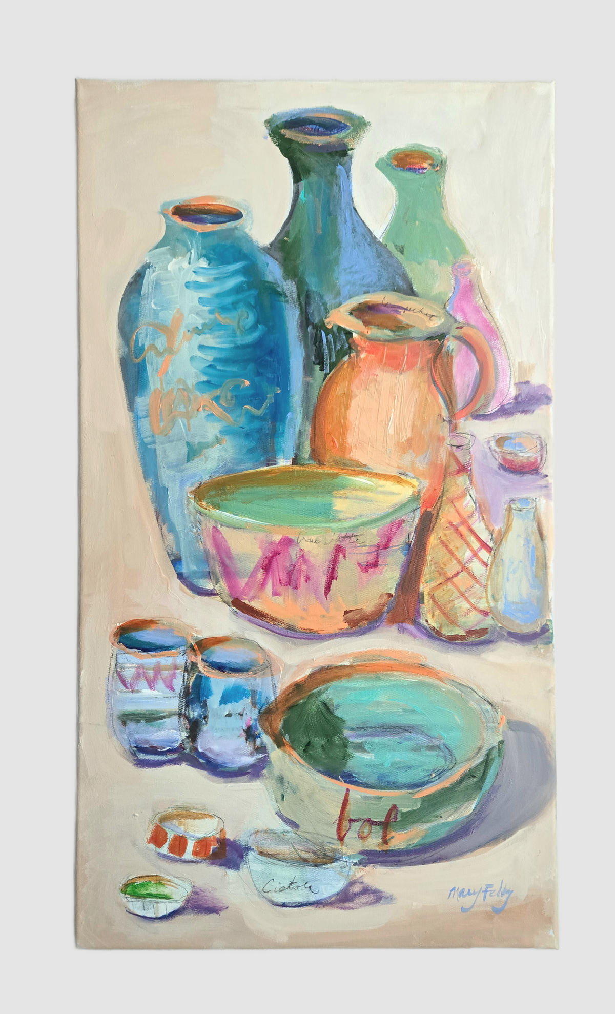 Colorful Vessels Painting 20x36 in "The Pottery Shop "